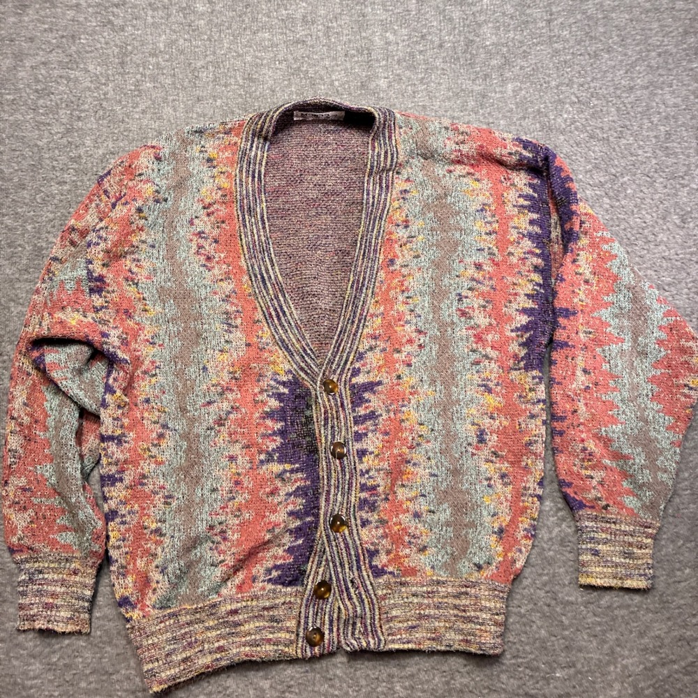 Vintage Mondo di Marco Cardigan Sweater Men XL 54 Multicolor Abstract Knit Italy